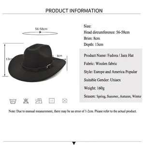 British style wool fedora jazz hat with leather belt and 8cm wide brim for unisex wear