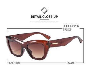 Detail of tortoiseshell cat-eye sunglasses with wide temples and gold metal accents