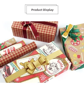 Assorted vintage Christmas kraft wrapping paper with ribbons and festive gift boxes