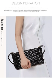 Detail of black woven leather handbag with high-quality gold metal clasp and shoulder strap