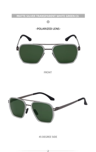 Detail view of matte silver polarized sunglasses with double-bridge metal frame and green lenses