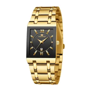 Men's square quartz business watch in gold steel with a black dial and date display