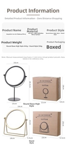 Detailed dimensions of gold and black iron makeup mirrors with high definition glass