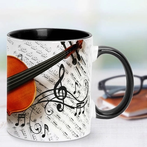 350ml ceramic music mug featuring violin and musical notes with black interior handle