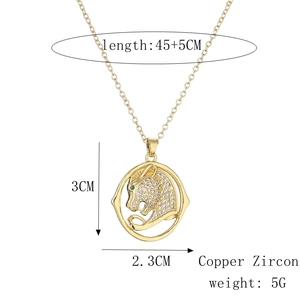 Detail view of leopard head pendant with 45+5cm chain and product dimensions