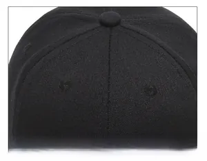 Close-up of black cotton baseball cap showing six-panel stitching and metal eyelets