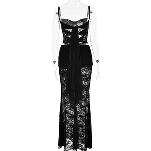 Detailed back view of sexy black lace two-piece set featuring sheer skirt and long ribbons