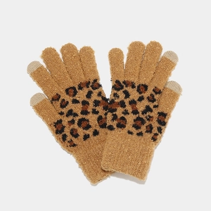 Close-up of leopard print knitted touchscreen gloves with soft fleece lining for winter wear