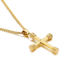 Polished gold vacuum plated cross pendant necklace with threaded ends on white background
