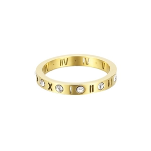 18k rose gold titanium ring with Roman numeral engravings and sparkling crystals