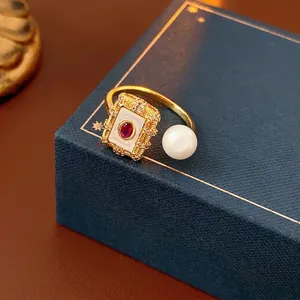 Vintage Square Artificial Pearl Adjustable Open Ring For Women Copper Gold Plated With Red Zircon White Enamel Light Luxury Style