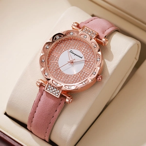 Ladies Fashion Quartz Watch Elegant Rose Gold Alloy Rhinestone Case Roman Numeral Dial Synthetic Leather Strap Wristwatch