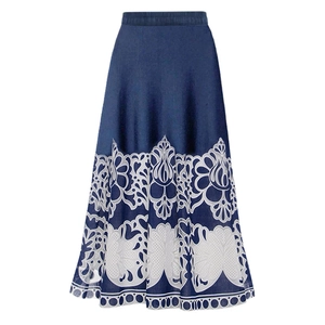 Detail of high-waist A-line long skirt with ethnic white floral print and elastic waist