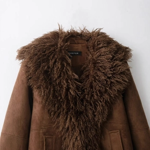 Women's faux fur jacket with large plush collar and brown faux suede bodice detail