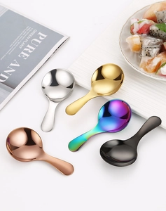 Set of five short-handled stainless steel dessert spoons in silver, gold, and multi-color