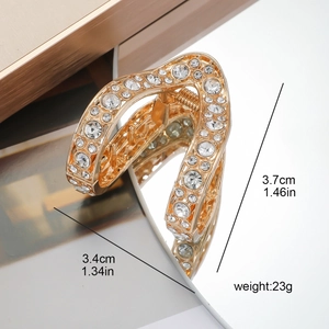 Detailed dimensions of the V-shaped golden rhinestone hair claw clip weight 23g