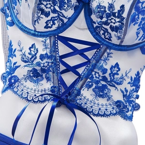 Detailed macro view of white lace lingerie with blue floral embroidery and ribbon lacing