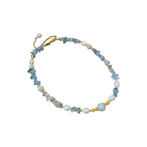 Handmade necklace with freshwater pearls, aquamarine stones and adjustable blue cord
