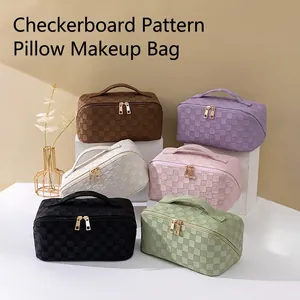 Large checkered pillow makeup bag in six colors with embossed texture and gold zipper