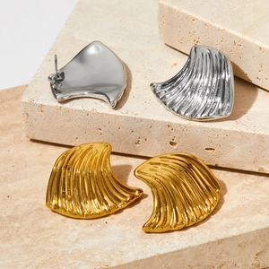 Polished gold and silver fan-shaped stainless steel earrings with ripple textures