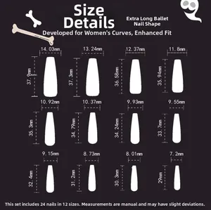 Tableau détaillé des tailles pour faux ongles Halloween extra longs style ballerine ici