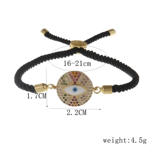 Verstellbares Evil Eye Kordelarmband mit bunten Zirkonia und Größenangaben