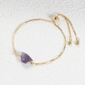 14K gold plated box chain bracelet with natural purple crystal stone and adjustable slider