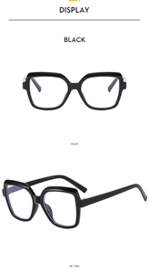 Front and 45-degree side view of stylish black square glasses with anti-blue light lenses