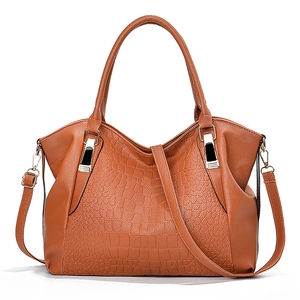 Brown faux leather tote bag for women with crocodile pattern and golden hardware