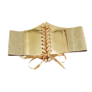 Elastic wide gold waist belt with metallic finish and lace-up ribbon tie for dresses