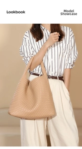 Detail of hand-woven beige tote bag showing classic texture and large capacity