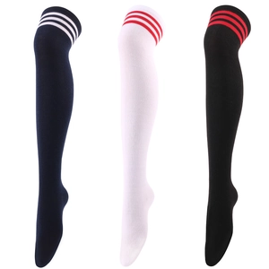 Three pairs of striped thigh high stockings in navy blue, white and black colors