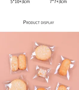 Detailed size display of transparent cookie packaging bags in 5x10+3cm and 7x7+3cm sizes
