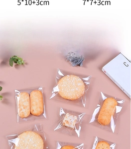 Detailed size display of transparent cookie packaging bags in 5x10+3cm and 7x7+3cm sizes