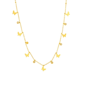 Detailed view of gold butterfly pendants and crystals on a stainless steel chain necklace