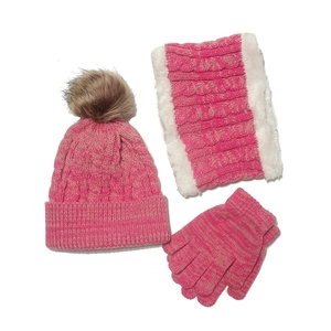 Ensemble hiver enfant bonnet tricoté écharpe et gants 3 pièces avec pompon rose
