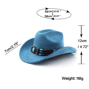 Blue suede cowboy hat size guide showing head circumference, brim width, and crown height