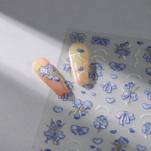 Blue ribbon bow and heart 3D embossed nail art stickers set with elegant pearl chain patterns