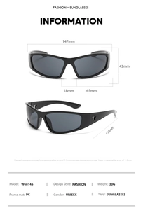 Detailed size chart for star design cycling sunglasses showing lens and frame dimensions
