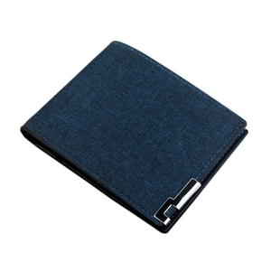Men's slim bi-fold wallet in navy blue fabric texture with silver metal buckle detail