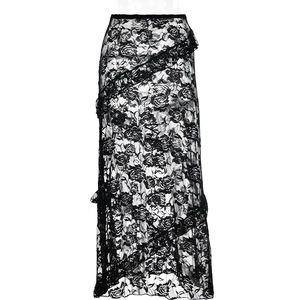 Close-up of black floral lace fabric with layered ruffle details on a sheer maxi skirt