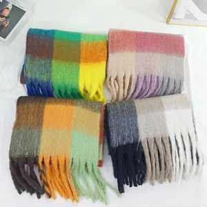 Rainbow plaid mohair scarves with long tassels in four vibrant checkered color patterns