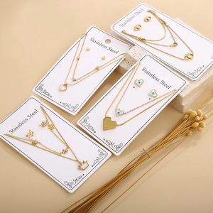 Stainless Steel Double Layer Necklace And Heart Crown Evil Eye Stud Earrings Gold Plated Fashion Jewelry For Women