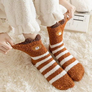 Thick warm coral fleece socks with brown stripes and cute bear pattern for women