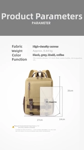 Size chart for canvas backpack showing 35x27x14cm dimensions and A4 capacity