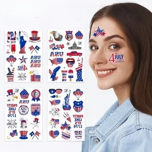 Detail of waterproof Canada Day face tattoo stickers featuring maple leaf and glitter effects