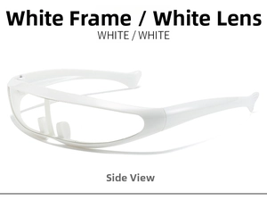 Side view of white streamlined sports sunglasses with integrated wrap-around frame design
