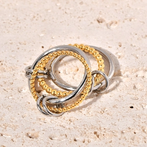 Interlocking 18k gold plated stainless steel twisted rope and bead textured rings