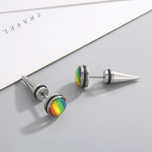 Rainbow geometric stainless steel stud earrings with cone back and silver finish