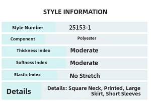 Tableau des tailles détaillant le tissu 100% polyester pour robe d'été à col carré